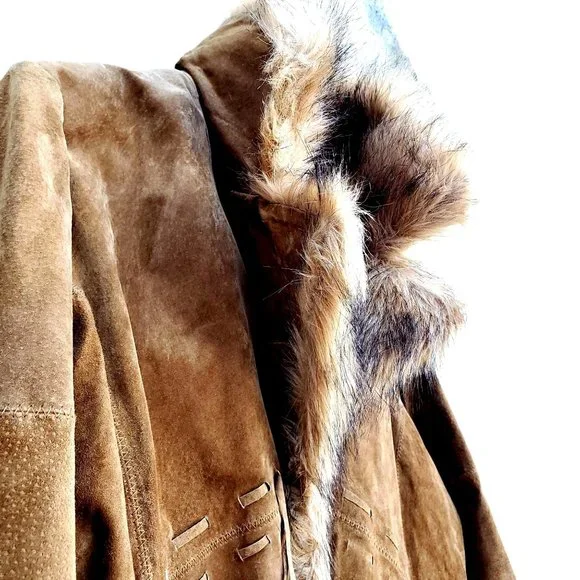 Vintage Y2K 90s Suede Coat L XL Penny Lane XOXO Faux Fur Collar - Picture 10 of 12